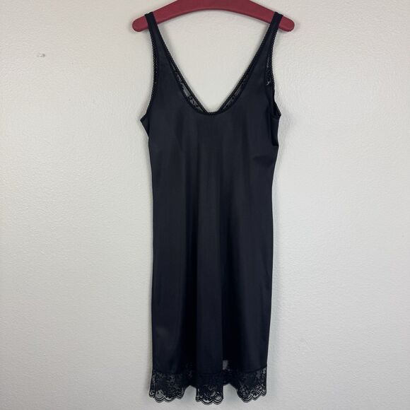 Vintage 1960s JCPenney Fantasia Satin Lace Midi Slip Dress Chemise Black 38 M - Picture 9 of 15